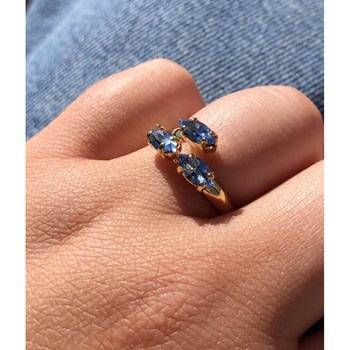 Bague Laiton Doré Trois Strass Bleu