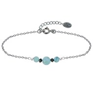 Bracelet Chaine Argent 925 Rhodié Trois Perles de Larimar et Deux Diamants Noirs Facettées
