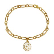 Bracelet Laiton Doré Breloque Ronde Lune et Etoiles Emaillée - Blanc