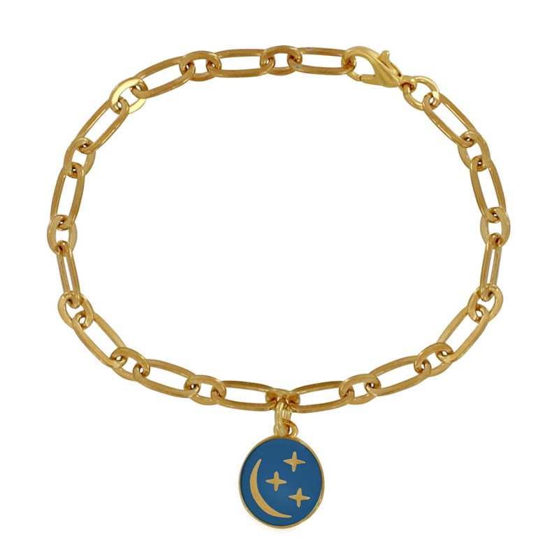 Bracelet Laiton Doré Breloque Ronde Lune et Etoiles Emaillée - Bleu Navy