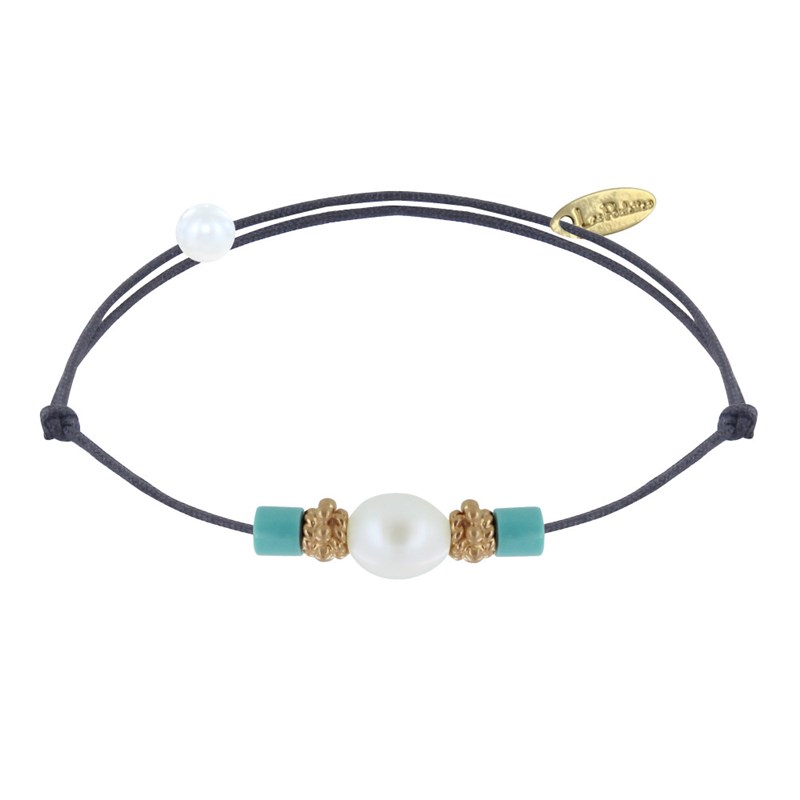 Bracelet Lien Perle de Culture Blanche Perles Plaqué Or et de Turquoise - Gris