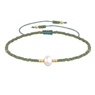 Bracelet Lien Perle d'Eau Douce Blanche et Petites Perles Mates - Vert kaki