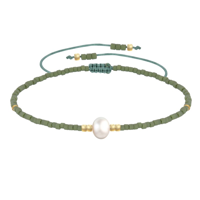 Bracelet Lien Perle d'Eau Douce Blanche et Petites Perles Mates - Vert kaki