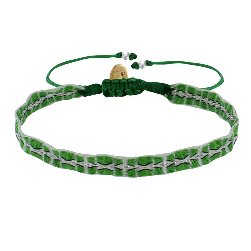 Bracelet Lien Tissé Vert Losanges et Croix Blanches