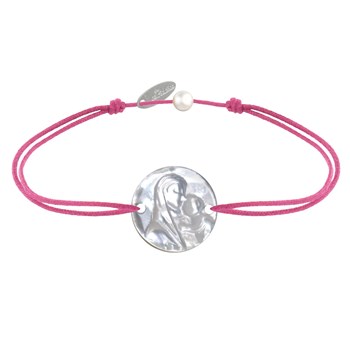 Ronde Parelmoer Medaille Maagd en Kind Schakelarmband - Fuchsia