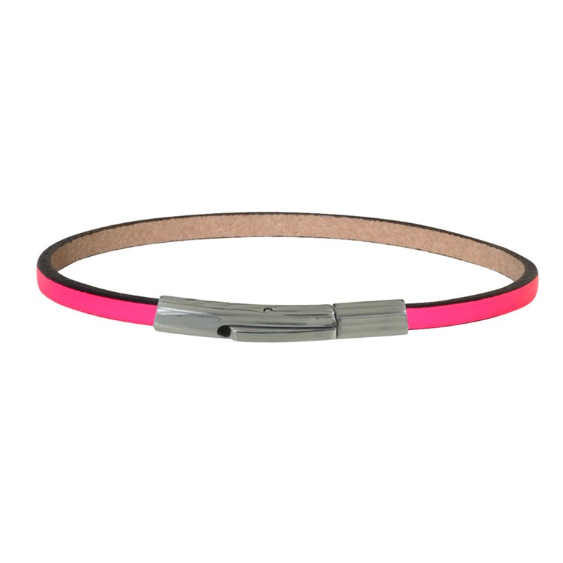 Bracelet Femme Cuir Simple Plat Fermoir Acier Inoxydable - Rose Fluo