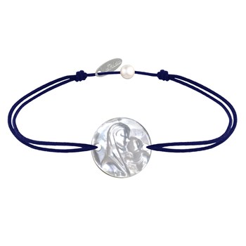 Ronde parelmoer medaille Maagd en kind schakelarmband - marineblauw