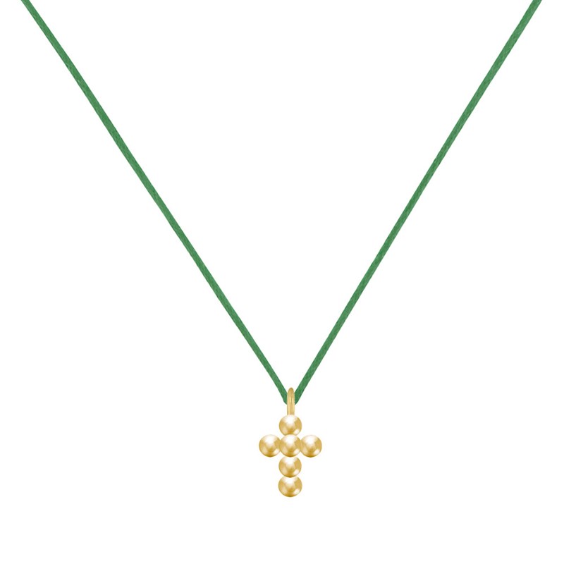 Collier Lien Plaqué Or Petite Croix de Billes - Vert