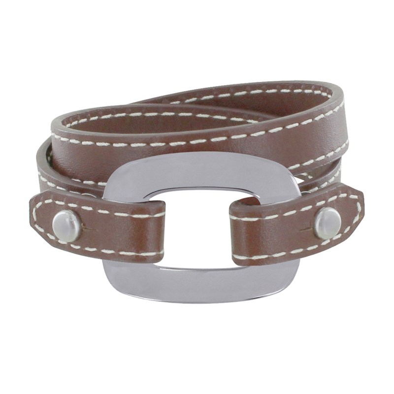 Bracelet Double Tour Cuir et Maille Rectangle Plate Argent 925 - Marron foncé