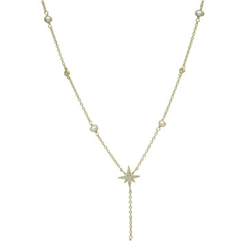 Collier Argent Doré étoile Et Perles Naturelles Blanches Cravate