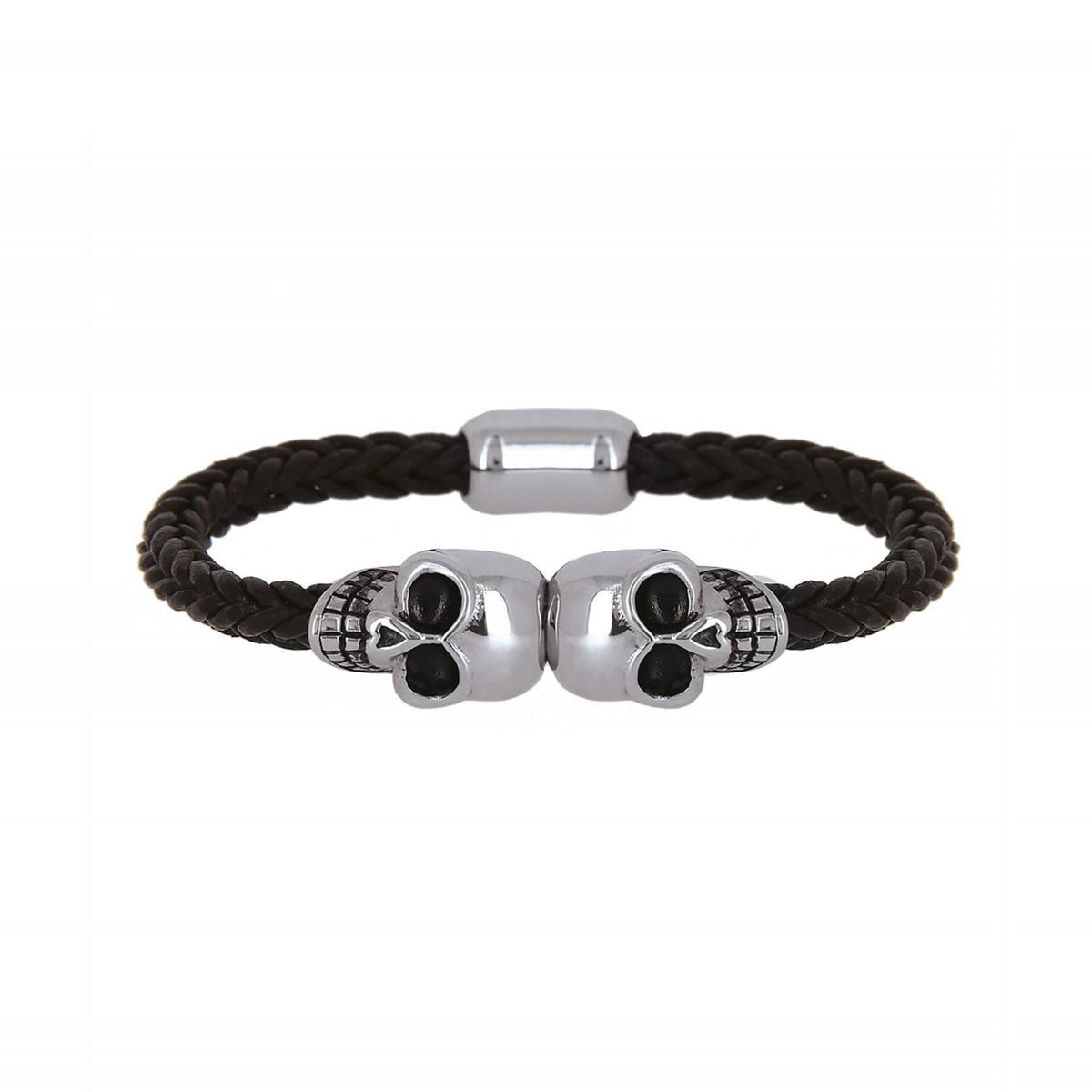 Bracelet Têtes de mort cuir et acier