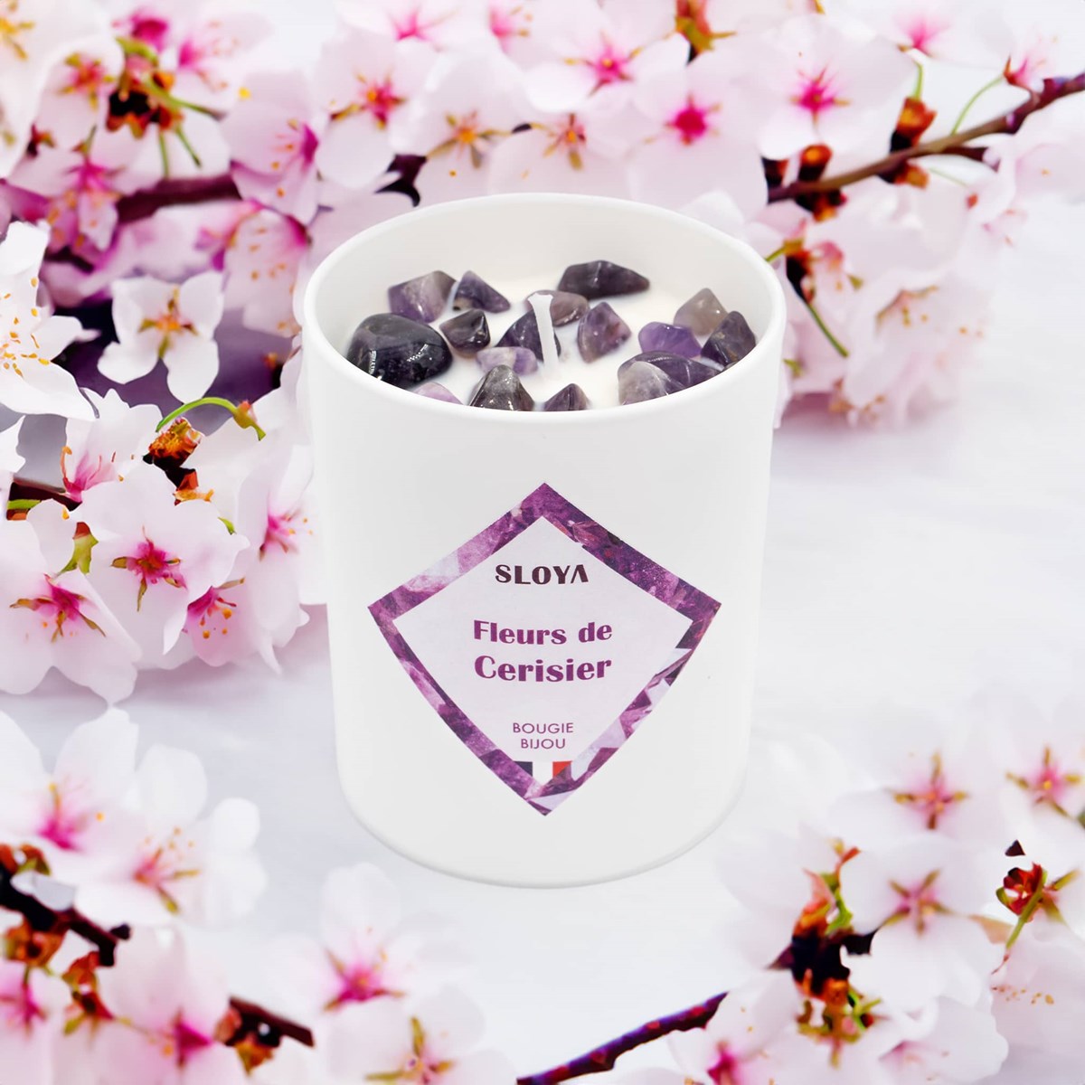 Bougie bijou pierres Améthyste - parfum Fleur de Cerisier - vue 2