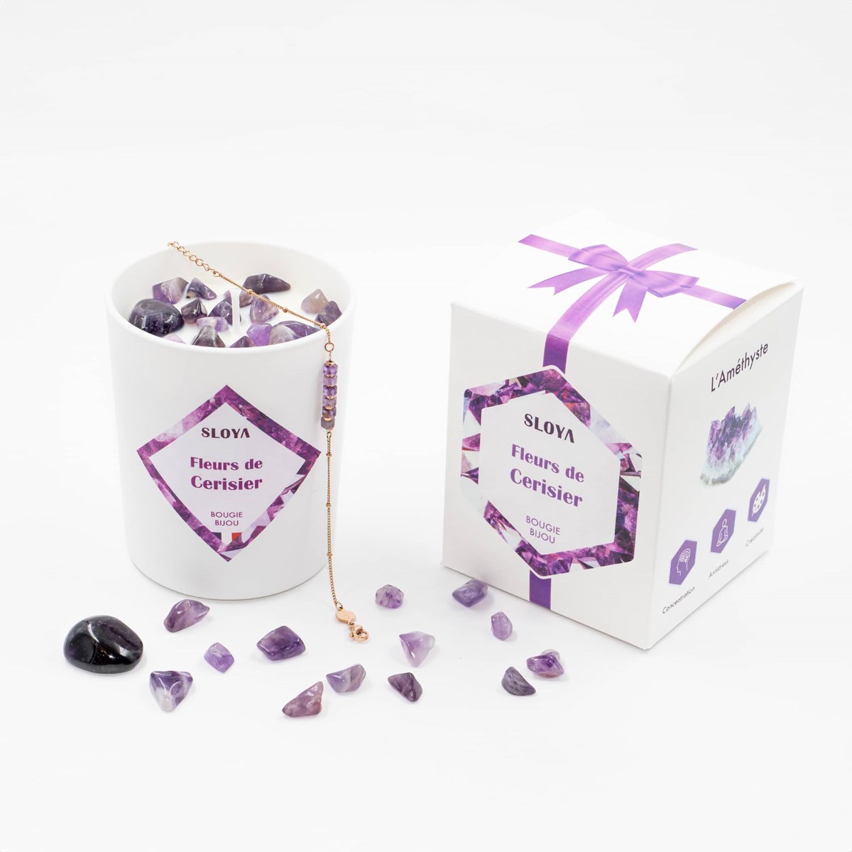 Bougie bijou pierres Améthyste - parfum Fleur de Cerisier - vue 3