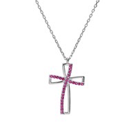 Collier argent et pendentif croix sertis d'oxydes rose