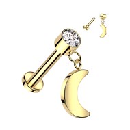 Piercing labret titane avec lune suspendue Pvd Gold