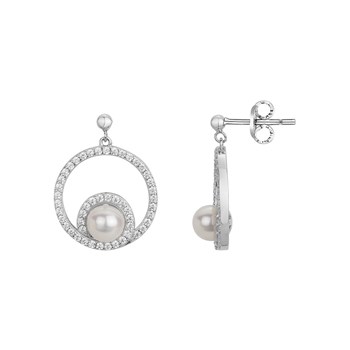 Zilveren hanger oorbellen met witte zoetwaterparel