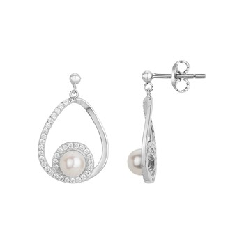 Zilveren hanger oorbellen met witte zoetwaterparel