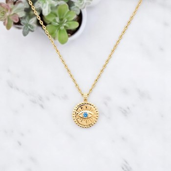 Collier oeil bleu sacré porte bonheur protection Plaqué OR 750 3 microns