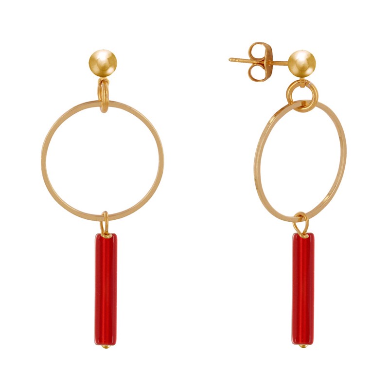 Boucles d'Oreilles Doré Cercle et Perle Rectangulaire Brillante