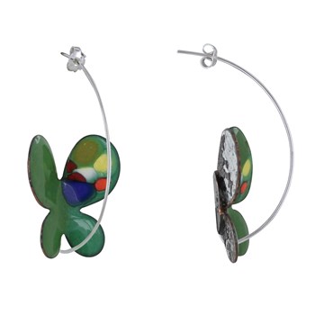Green Enameled Butterfly Earrings Multicolored Dots