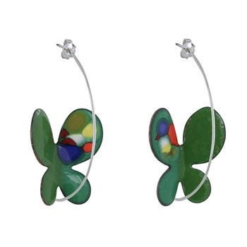 Green Enameled Butterfly Earrings Multicolored Dots