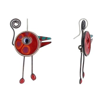 Earrings Small Red Enameled Birds