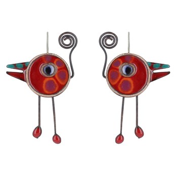 Earrings Small Red Enameled Birds