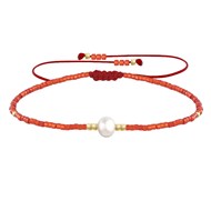Bracelet Lien Perle d'Eau Douce Blanche et Petites Perles Brillantes - Rouge
