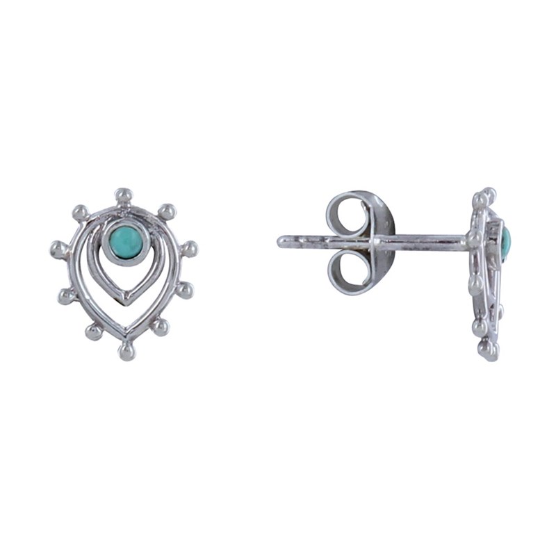 Boucles d'Oreilles Clous Argent Deux Gouttes Inversés et Petite Perle Turquoise