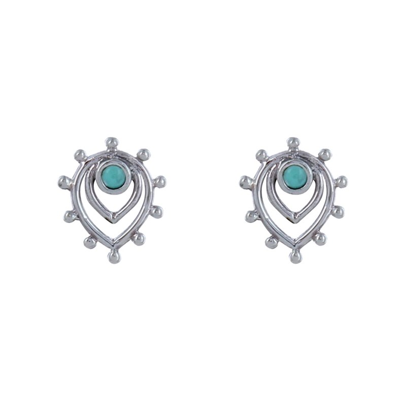 Boucles d'Oreilles Clous Argent Deux Gouttes Inversés et Petite Perle Turquoise - vue 2