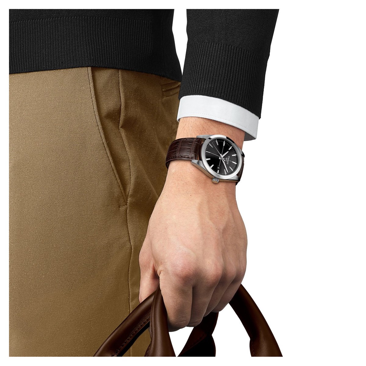 Montre Tissot Gentleman cuir brun cadran noir - vue 2