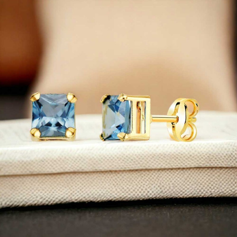 Boucles d'Oreilles Or 18 Carats 750/000 - Zirconiums Topaze Bleue-1322 - vue 3