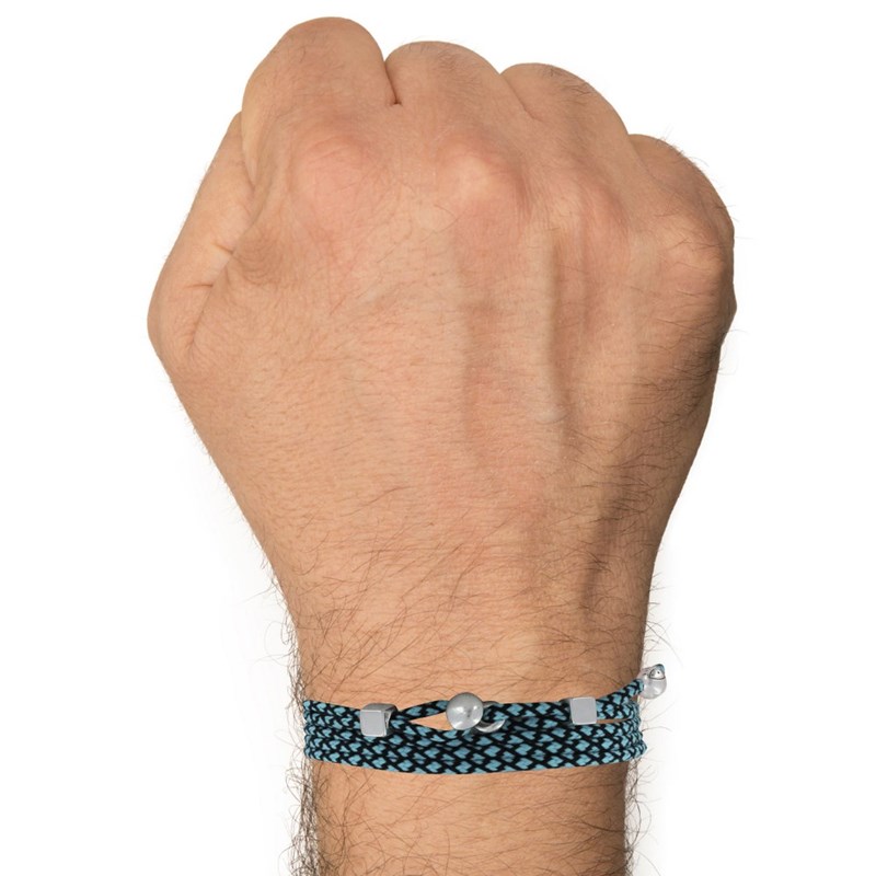 Bracelet Homme Métal Argenté Cubes Fermoir Bouton et Lien en Paracorde - Turquoise - vue 2