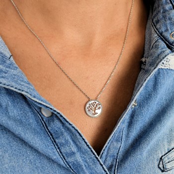 Collier arbre de vie ciselé ajouré dans un cercle Argent 925 Rhodié