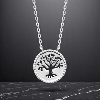 Collier arbre de vie ciselé ajouré dans un cercle Argent 925 Rhodié