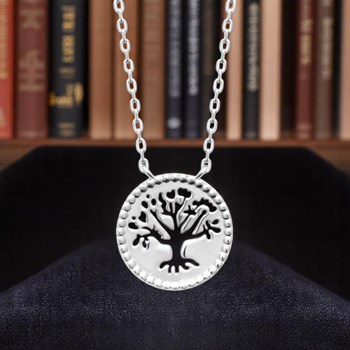 Collier arbre de vie ciselé ajouré dans un cercle Argent 925 Rhodié