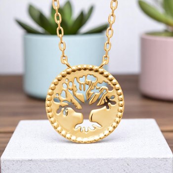 Opengewerkte levensboom ketting in een cirkel 750 verguld 3 micron
