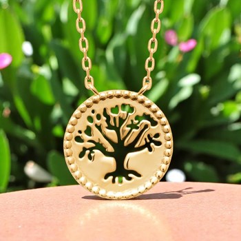 Opengewerkte levensboom ketting in een cirkel 750 verguld 3 micron