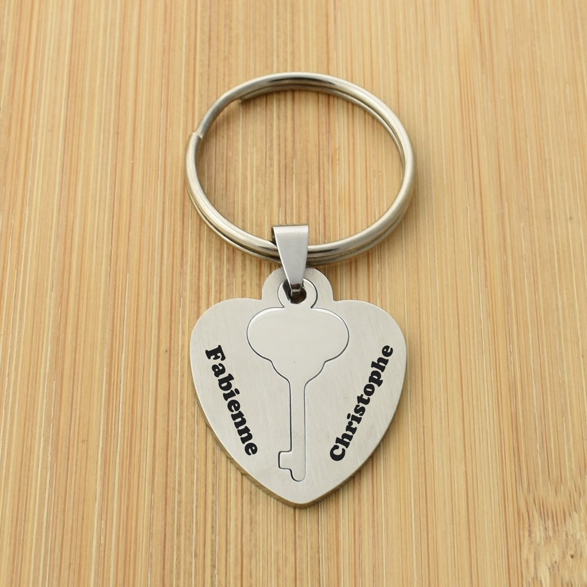 Porte-clés coeur et clé plaque amovible acier inoxydable gravure personnalisée - vue 2