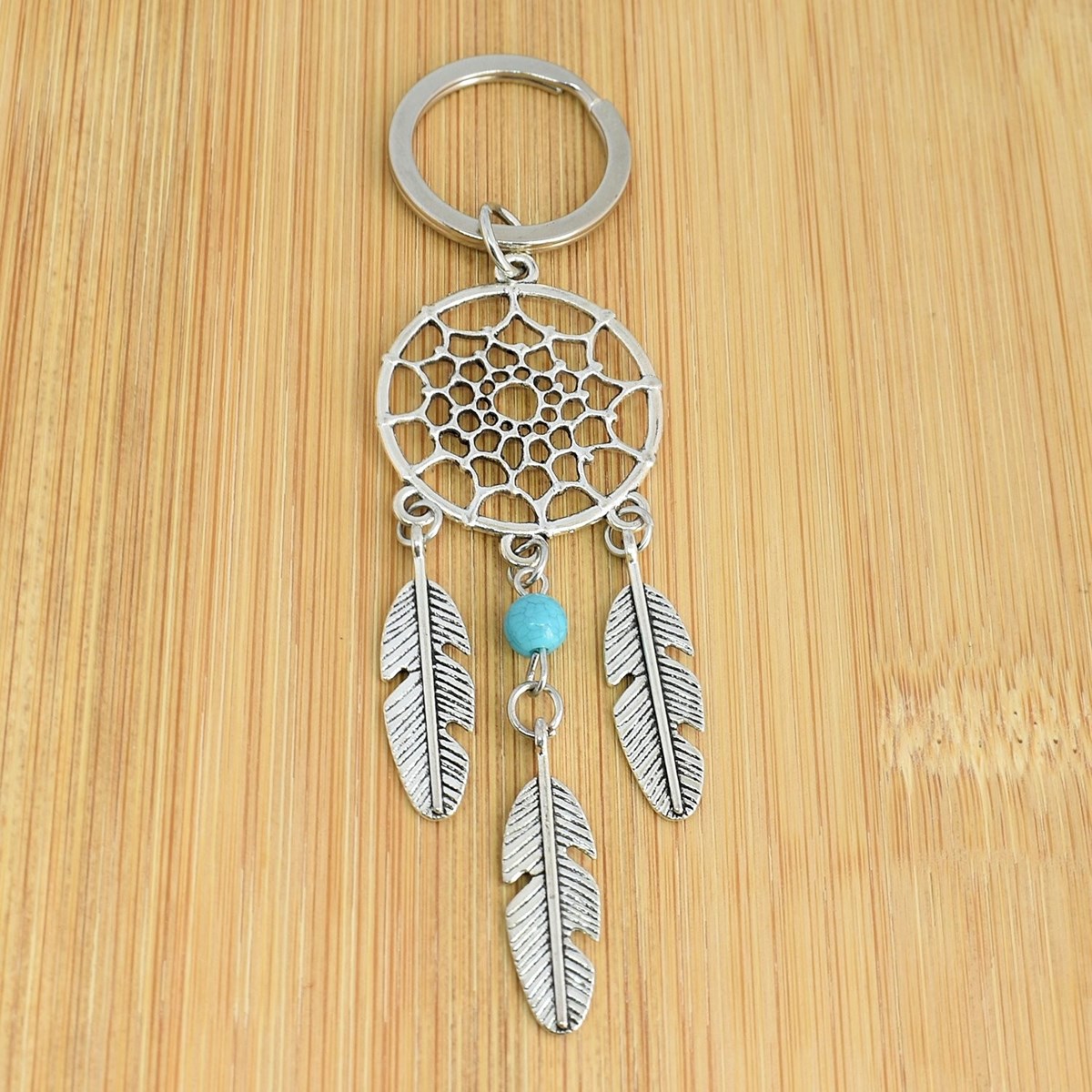 Porte-clés attrape-rêves 3 plumes avec perle bleu turquoise argenté - vue 2