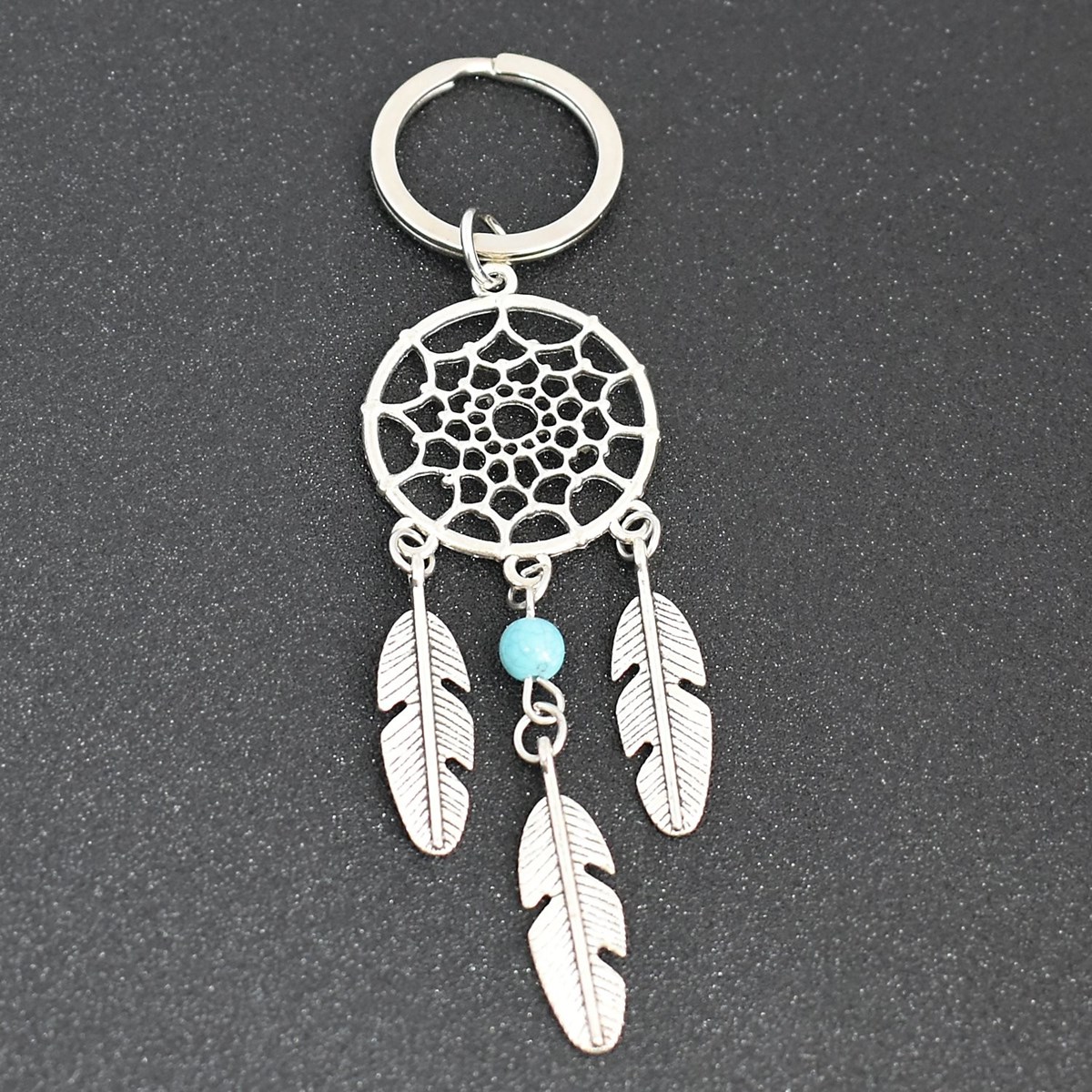 Porte-clés attrape-rêves 3 plumes avec perle bleu turquoise argenté - vue 4