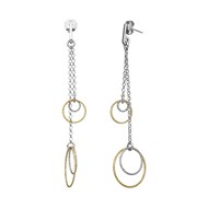 Boucles D'oreilles Argent Rhodié Bicolore Doubles Chaînes Cercles Diamantés