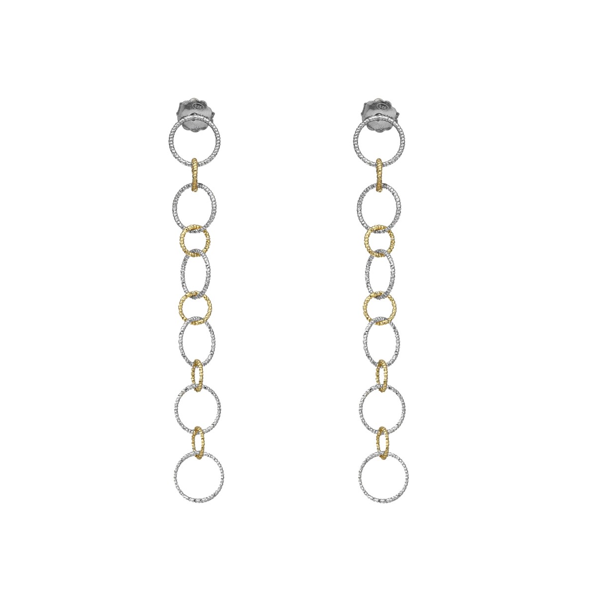 Boucles D'oreilles Argent Bicolore Diamantées Pendantes Avec Anneaux