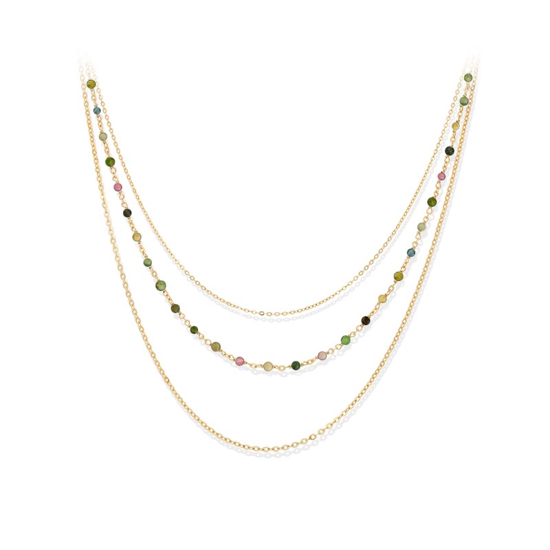 Collier Argent Doré Triple Collier Petite Perles Pierre Tourmaline