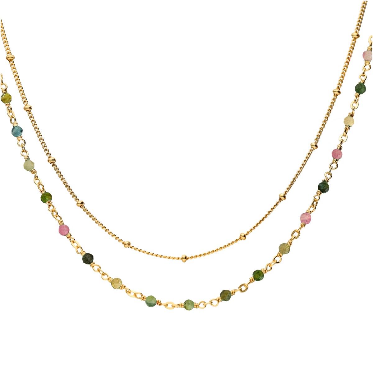 Collier Argent Doré Double Chaine Et Pierres Naturelles Tourmaline