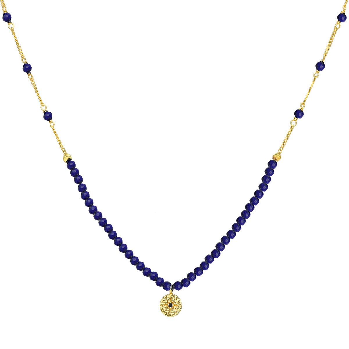 Collier Chaîne Argent Doré Avec Perles Lapis Et Pampille