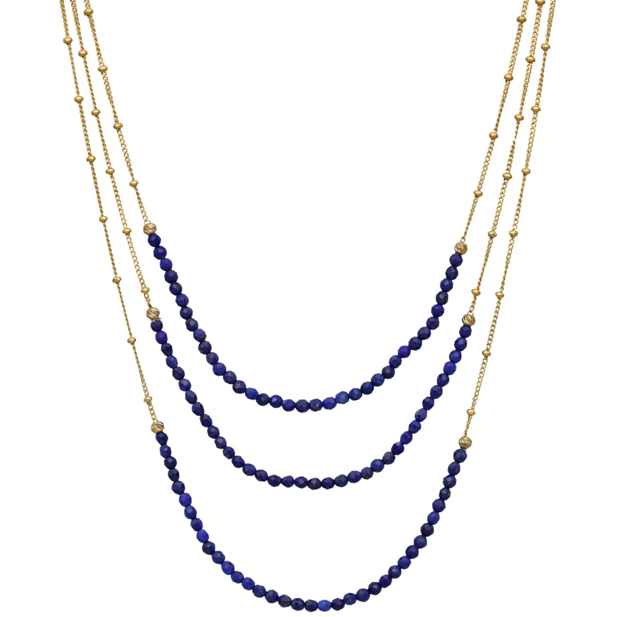 Collier Argent Dorée Trois Chaines Et Pierres Naturelles Lapis