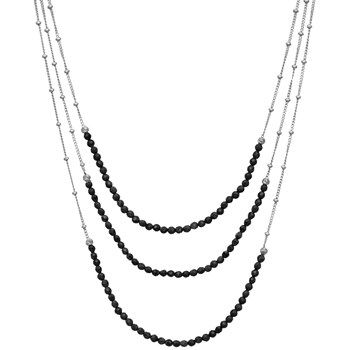 Rhodium Silver Necklace With Three Chains And Natural Black Spinel Stones