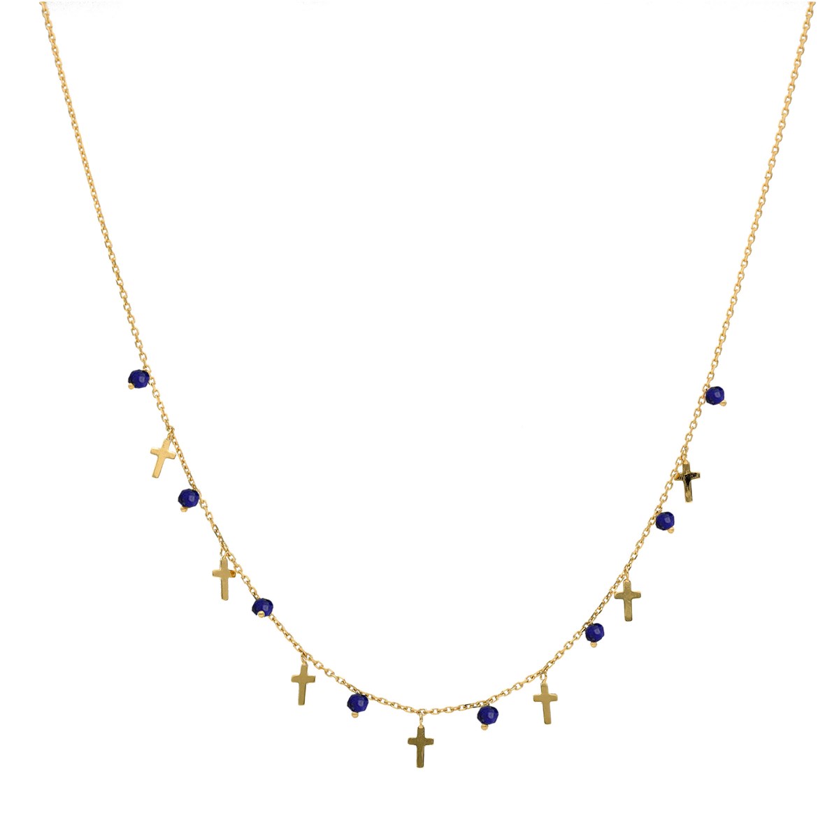 Collier Argent Doré Croix Et Pierres Naturelles Lapis