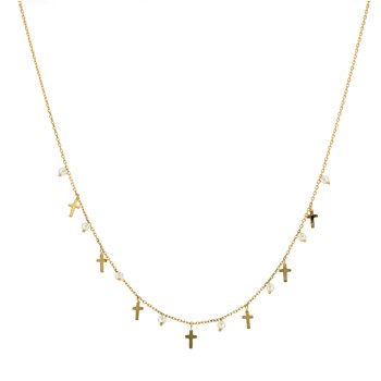 Zilveren Ketting Met Gouden Kruis En Witte Natuurlijke Parels